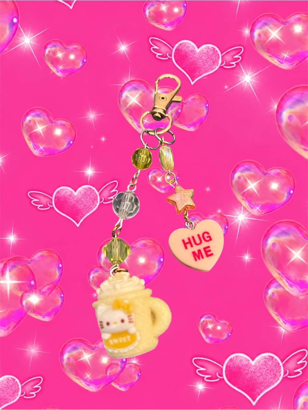 Cute 'HUG ME' Heart & Milkshake Charm Keychain - Pink, Cream, Gold